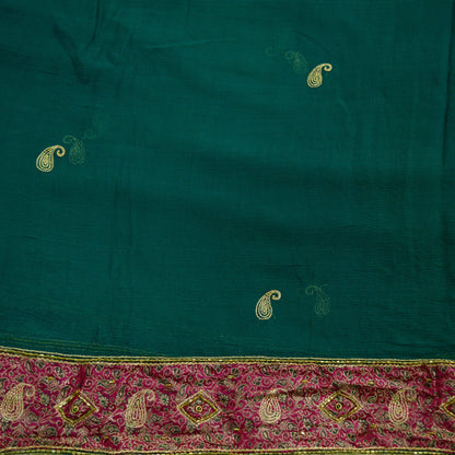 Indian Vintage Green Dupatta Pure Chiffon silk Long Stole Hand Embroidered Scarves Floral Design Veil Wrap Zari Zardozi Banarasi Border