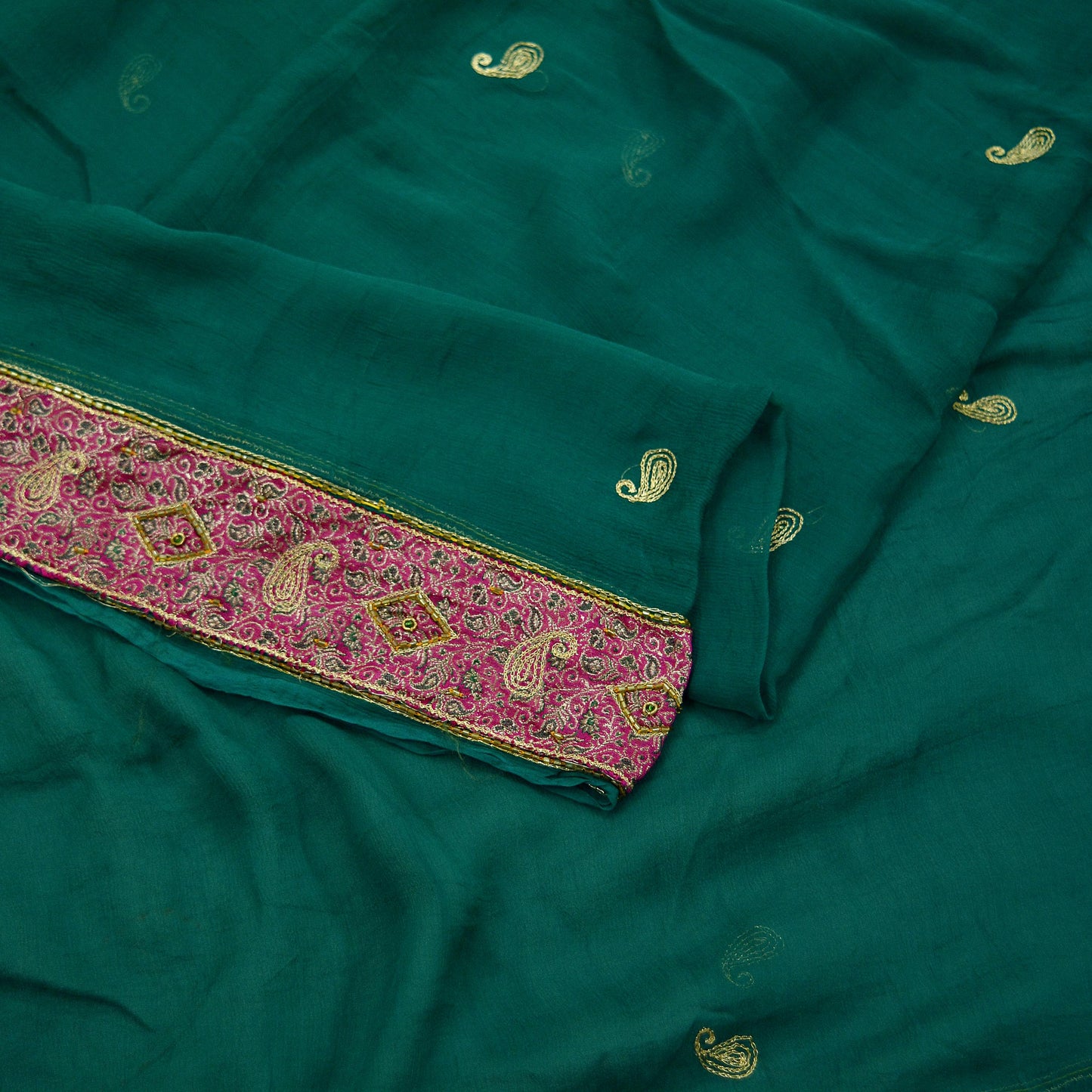 Indian Vintage Green Dupatta Pure Chiffon silk Long Stole Hand Embroidered Scarves Floral Design Veil Wrap Zari Zardozi Banarasi Border