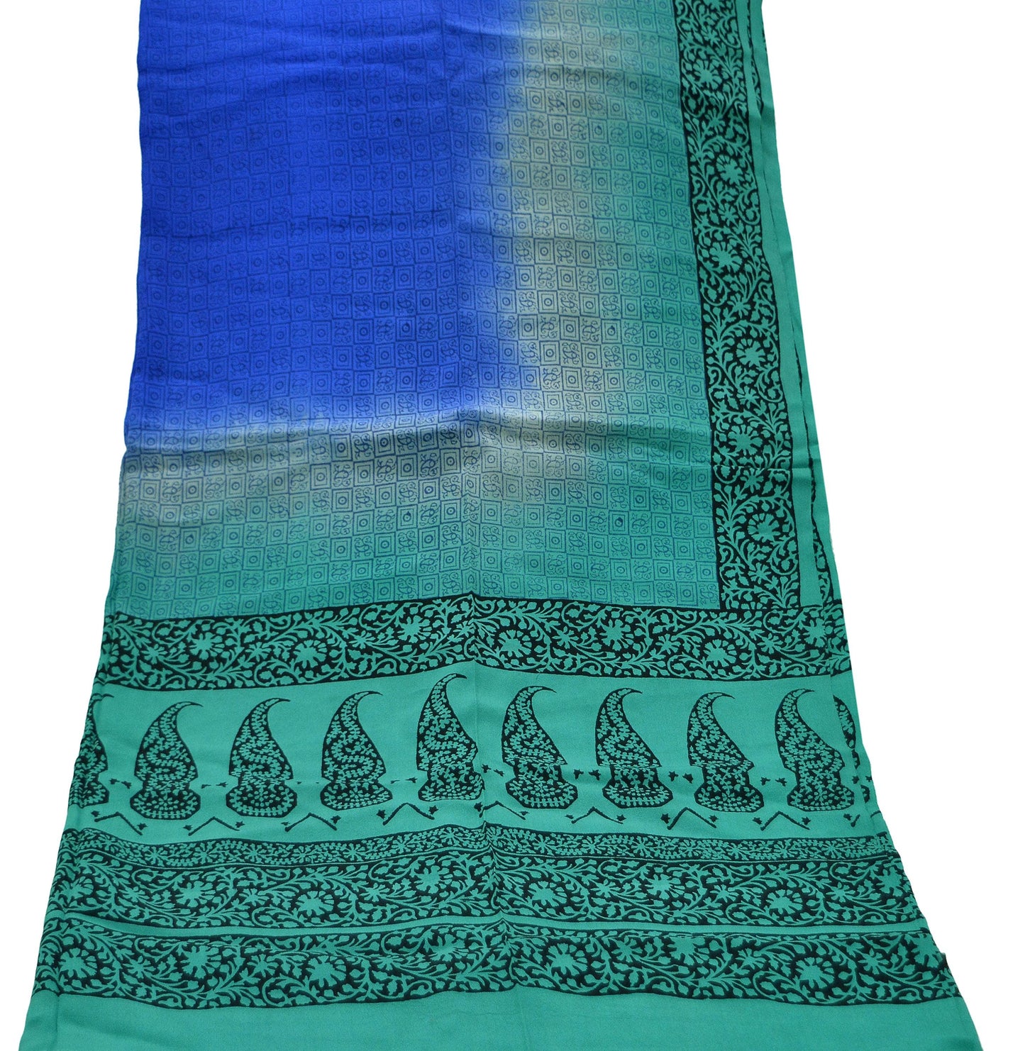 Women Indian Vintage Blue & Green Dupatta Long Stole Pure Crepe silk Printed Dupatta Veil Scarves soft Boho Wrap Dressmaking Paisley