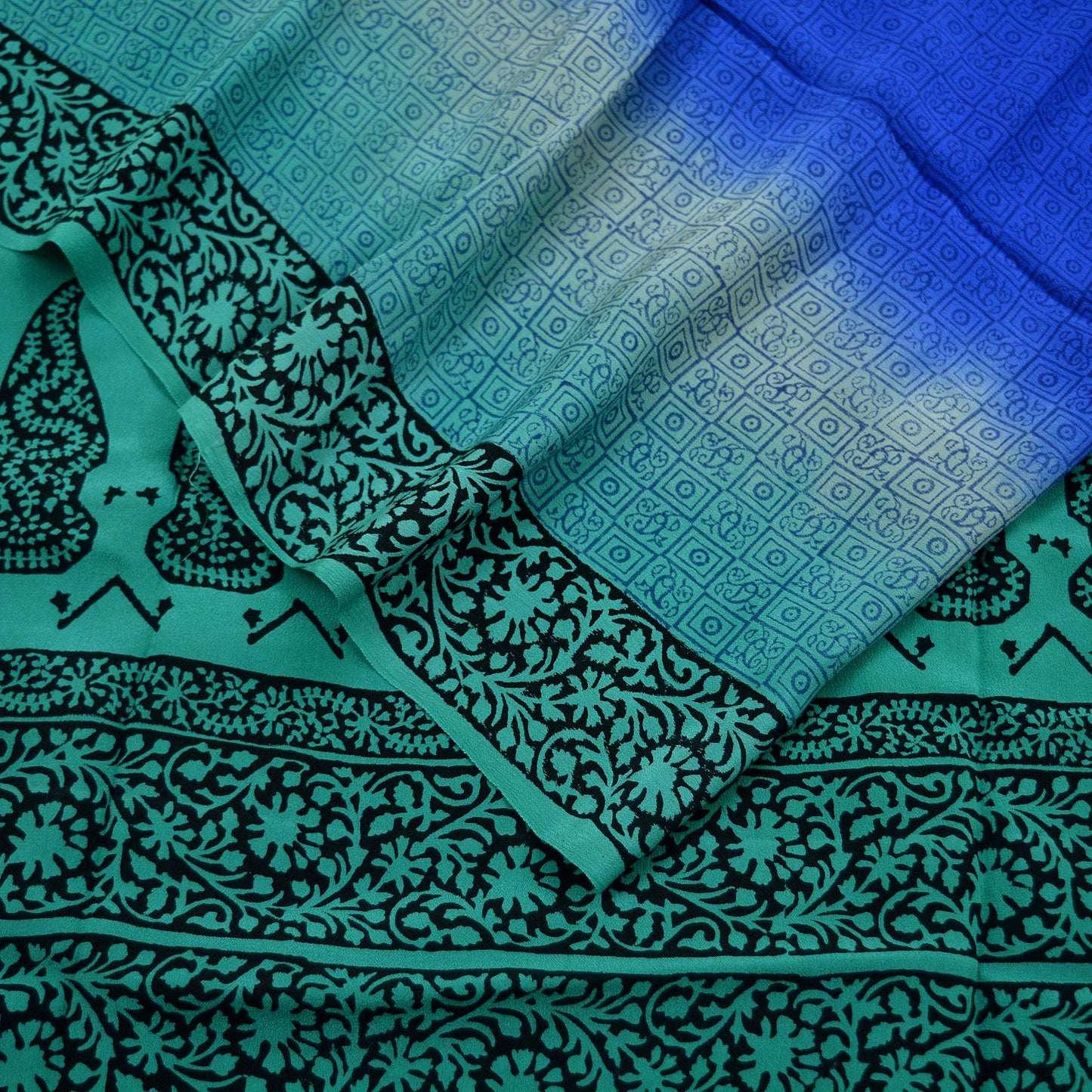 Women Indian Vintage Blue & Green Dupatta Long Stole Pure Crepe silk Printed Dupatta Veil Scarves soft Boho Wrap Dressmaking Paisley