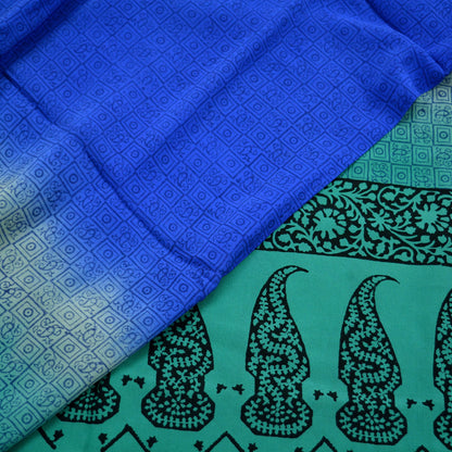 Women Indian Vintage Blue & Green Dupatta Long Stole Pure Crepe silk Printed Dupatta Veil Scarves soft Boho Wrap Dressmaking Paisley