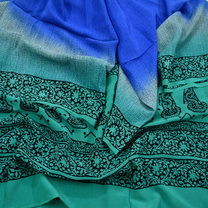 Women Indian Vintage Blue & Green Dupatta Long Stole Pure Crepe silk Printed Dupatta Veil Scarves soft Boho Wrap Dressmaking Paisley