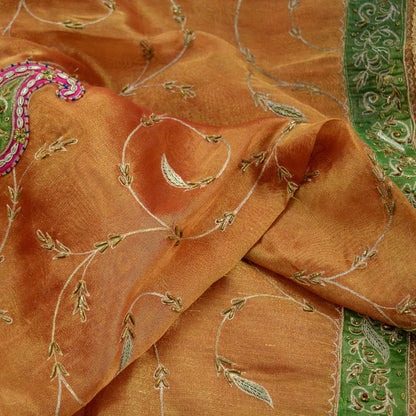 Indian Vintage Heavy Golden Dupatta Pure Tissue Silk Long Stole Hand Embroidered Scarves Zari Zardozi/Dabka