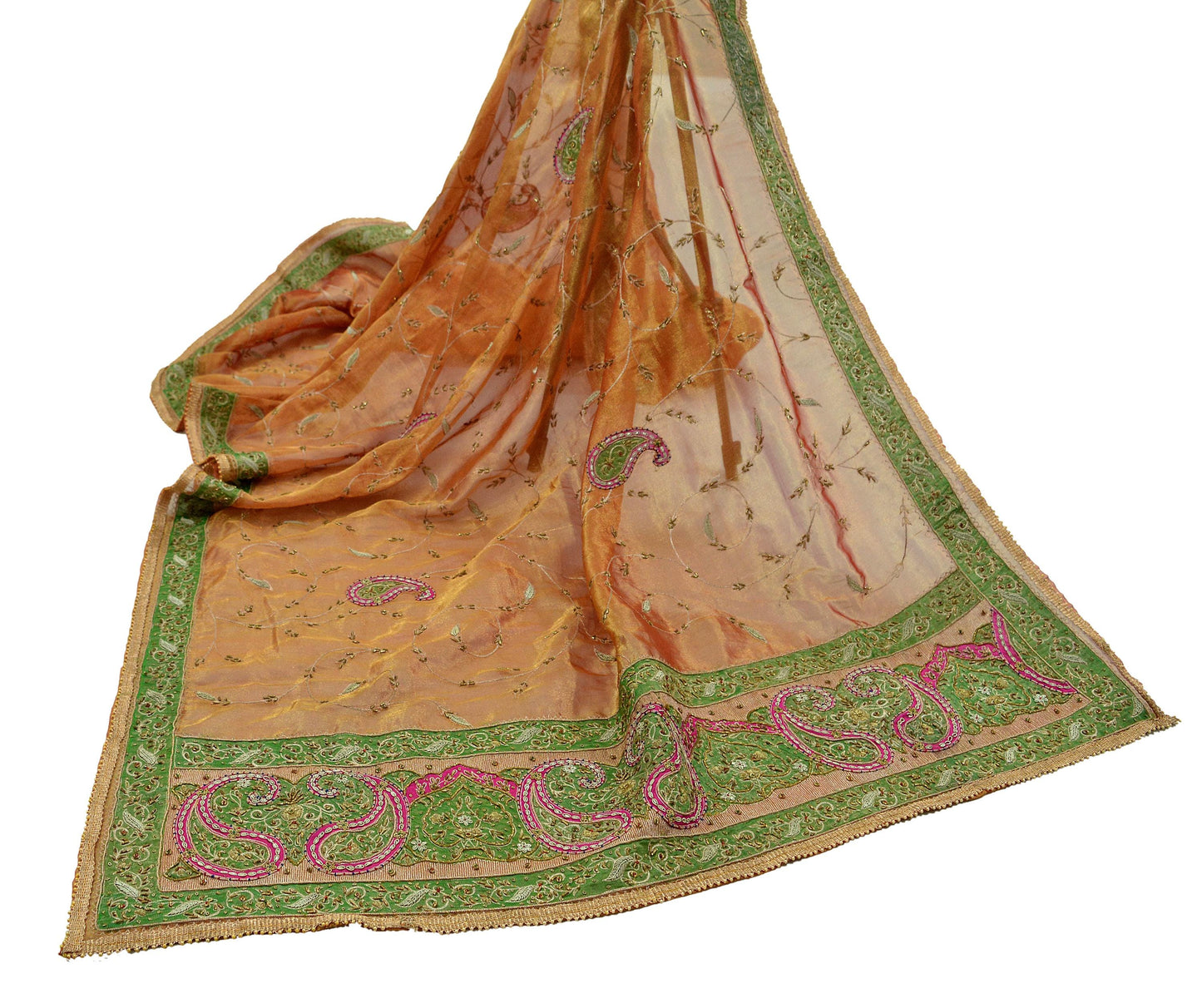 Indian Vintage Heavy Golden Dupatta Pure Tissue Silk Long Stole Hand Embroidered Scarves Zari Zardozi/Dabka