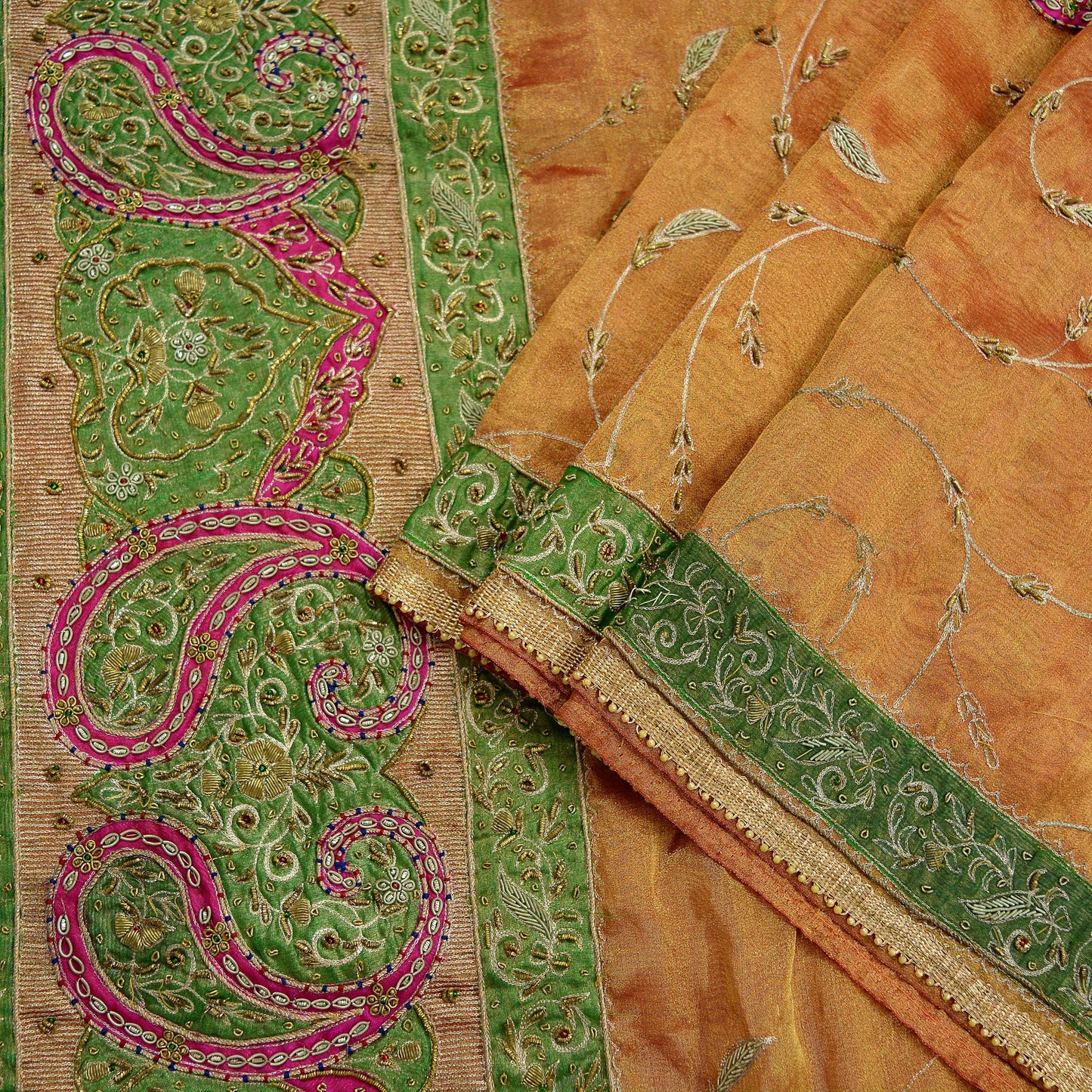 Indian Vintage Heavy Golden Dupatta Pure Tissue Silk Long Stole Hand Embroidered Scarves Zari Zardozi/Dabka