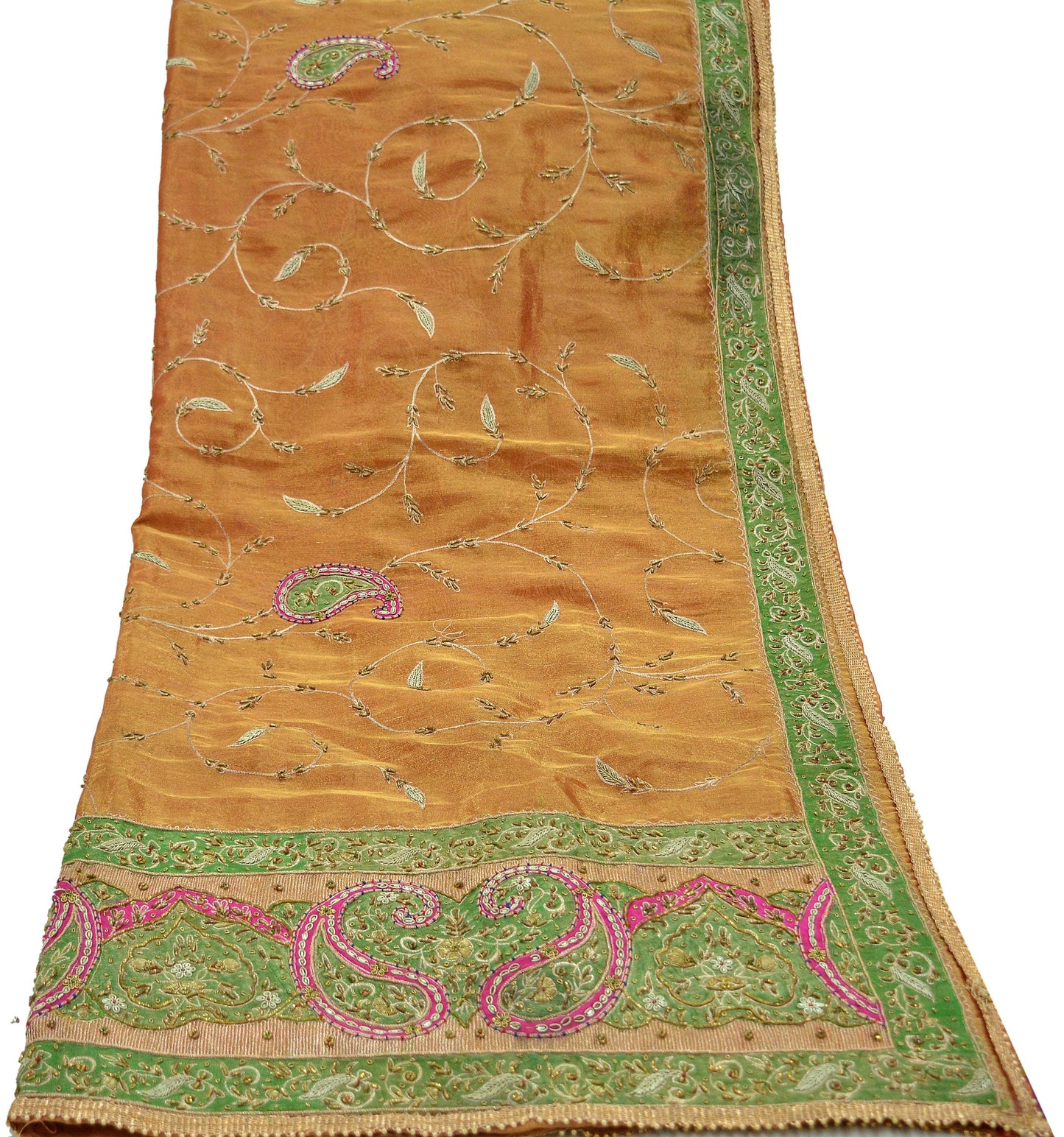 Indian Vintage Heavy Golden Dupatta Pure Tissue Silk Long Stole Hand Embroidered Scarves Zari Zardozi/Dabka