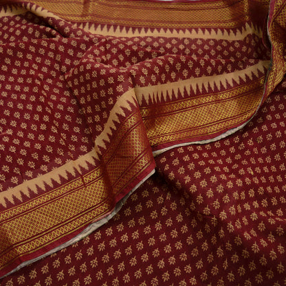 Vintage Sari Beige & Red Pure Cotton Hand Woven Printed Sarees Craft Fabric Zari 5Yd Sewing Soft Crafting Dress making Upcycle Quilting