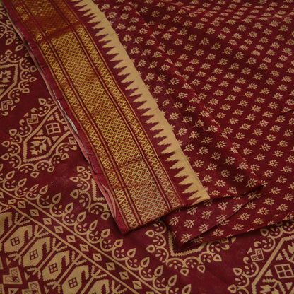 Vintage Sari Beige & Red Pure Cotton Hand Woven Printed Sarees Craft Fabric Zari 5Yd Sewing Soft Crafting Dress making Upcycle Quilting