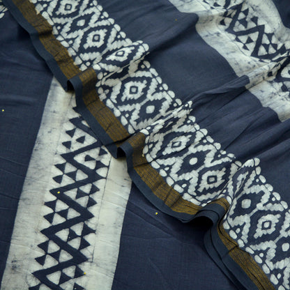 Indian Vintage Sari 100% Pure Silk Blue & White Batik Sarees 6Yd Fabric Craft Soft Dress making Crafting Quilting Fringes Zari Border