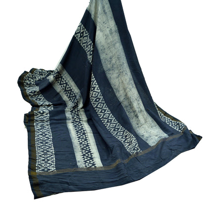 Indian Vintage Sari 100% Pure Silk Blue & White Batik Sarees 6Yd Fabric Craft Soft Dress making Crafting Quilting Fringes Zari Border