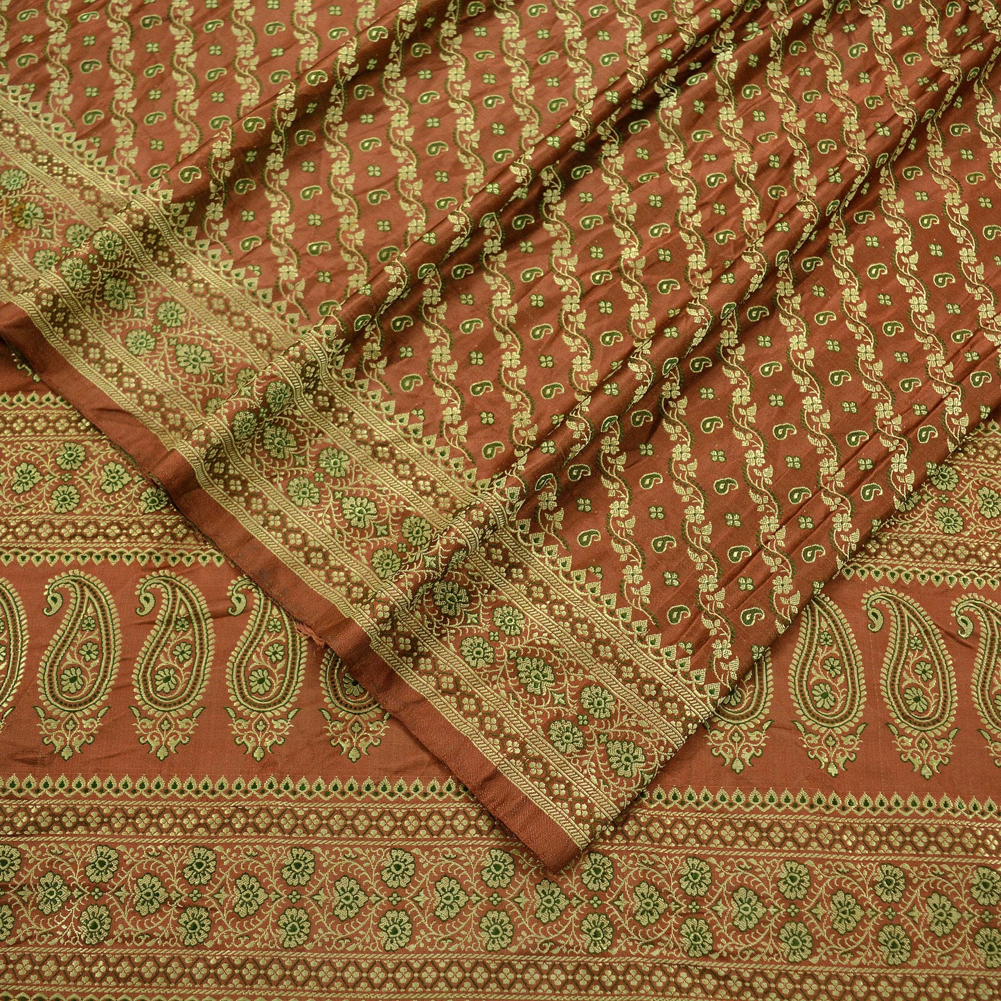 Indian Vintage Heavy Sari Orange Pure Satin Silk Woven Tanchoi Sarees 5Yd Craft Fabric Soft Wedding Sarees Upcycle For Crafting Used