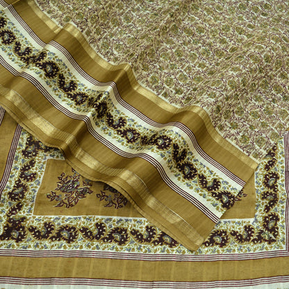 Indian Vintage Sari Ivory & Green Hand Woven Printed Sari 100% Pure Silk Sarees Craft Fabric 5yd Soft Zari Sequins Dress making Quilting