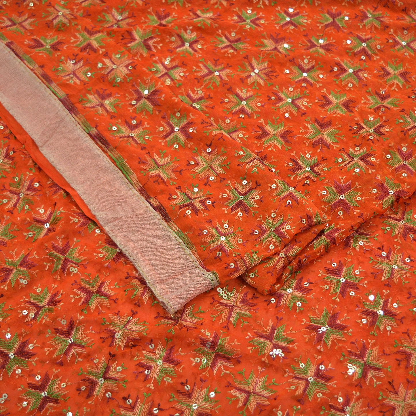 Indian Vintage Orange Sarees Chiffon Embroidered Bagh Phulkari Indian Sari Craft Fabric 5Yard Dress Making Sewing