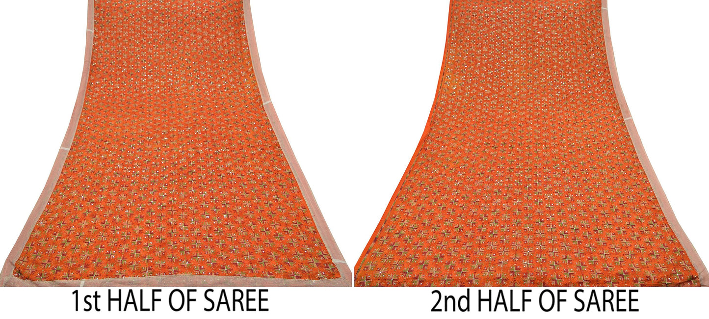 Indian Vintage Orange Sarees Chiffon Embroidered Bagh Phulkari Indian Sari Craft Fabric 5Yard Dress Making Sewing