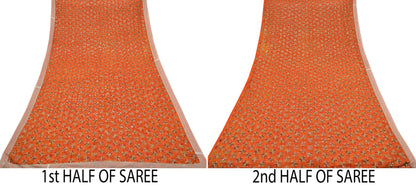 Indian Vintage Orange Sarees Chiffon Embroidered Bagh Phulkari Indian Sari Craft Fabric 5Yard Dress Making Sewing