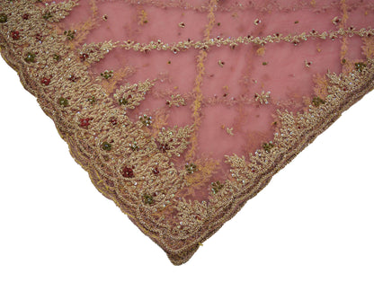 Indian Vintage Heavy Bridal Pink Dupatta Net Mesh Long Stole Hand Embroidered Scarves Golden Zardozi Dabka Zari Sequins Wedding Veil Hijab