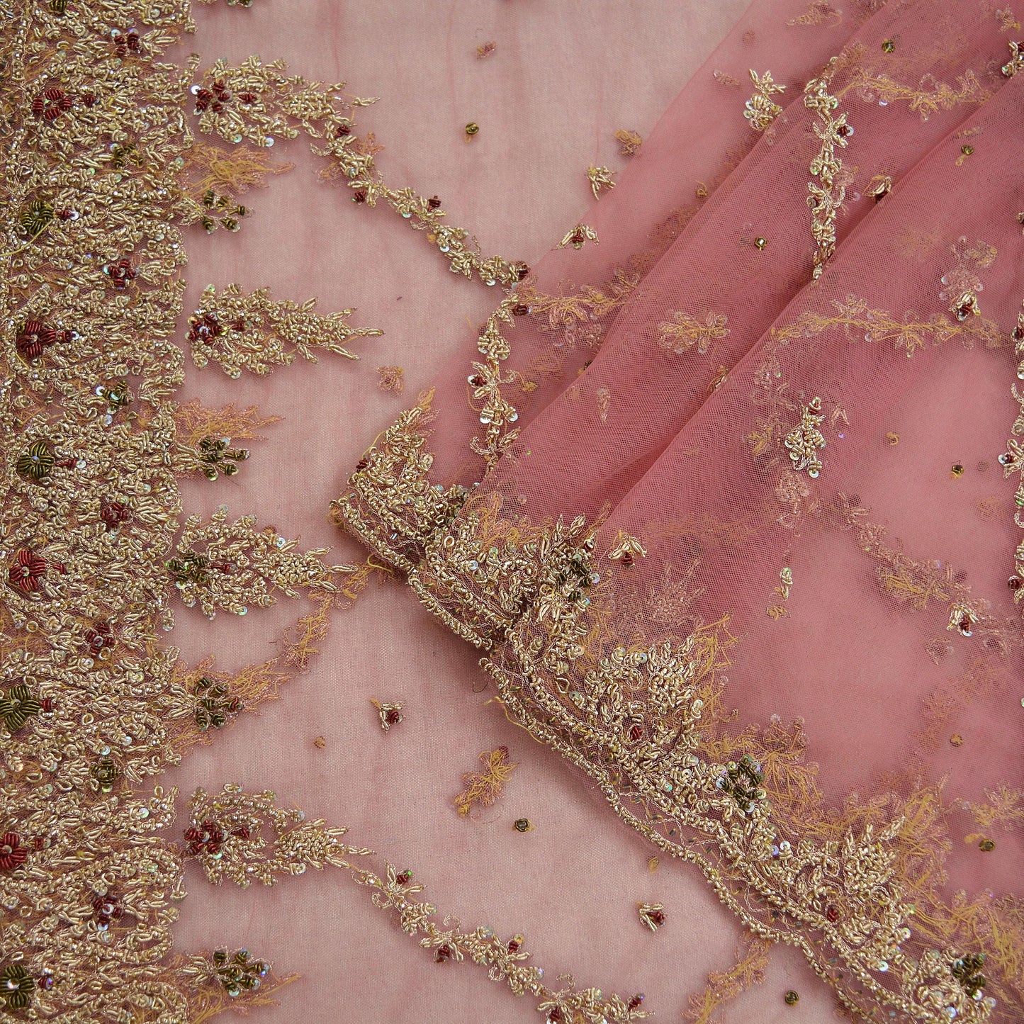 Indian Vintage Heavy Bridal Pink Dupatta Net Mesh Long Stole Hand Embroidered Scarves Golden Zardozi Dabka Zari Sequins Wedding Veil Hijab