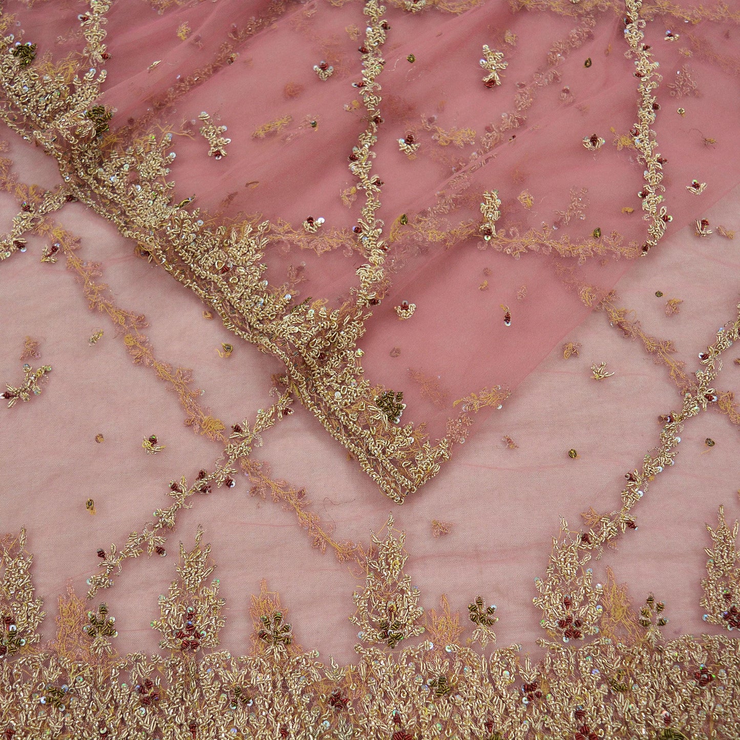 Indian Vintage Heavy Bridal Pink Dupatta Net Mesh Long Stole Hand Embroidered Scarves Golden Zardozi Dabka Zari Sequins Wedding Veil Hijab