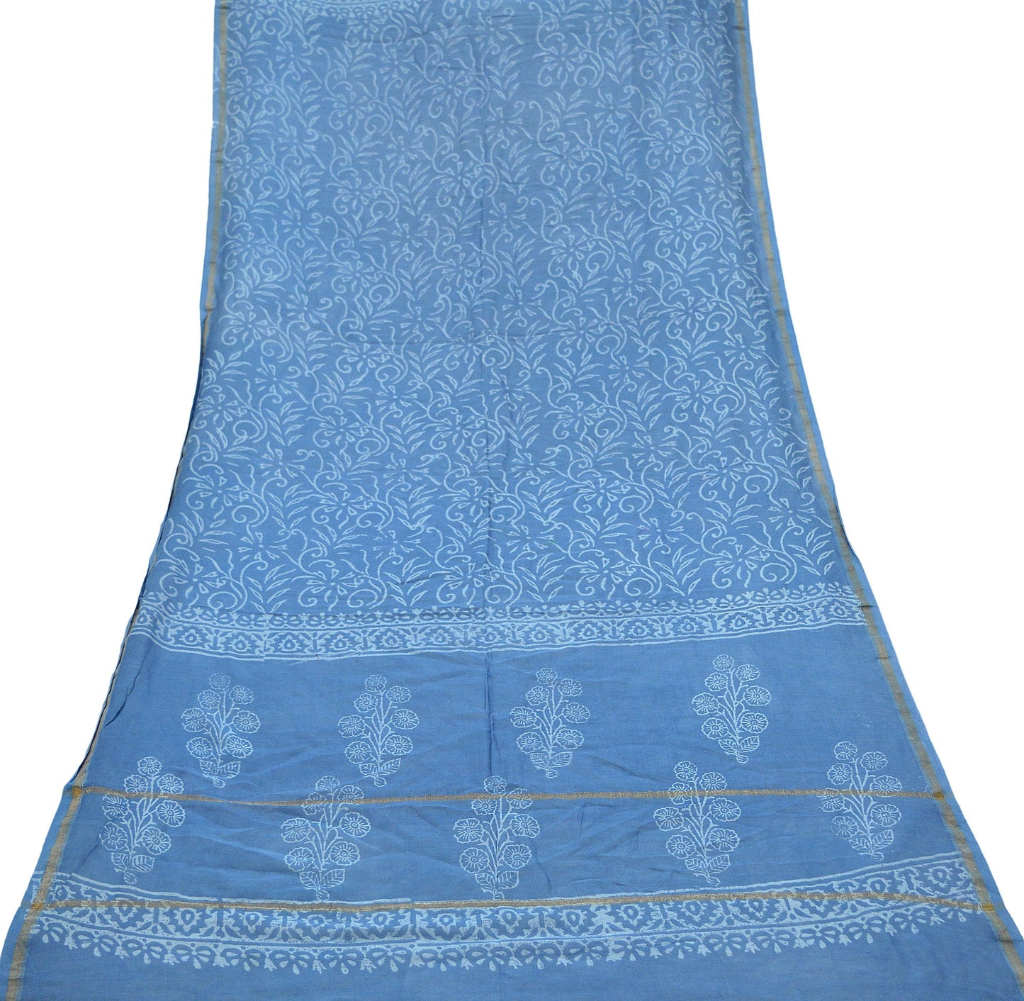 Indian Vintage Dupatta Blue Dupatta Long Stole Block Print Pure Chanderi Silk Indian Scarves Veil Golden Zari