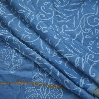 Indian Vintage Dupatta Blue Dupatta Long Stole Block Print Pure Chanderi Silk Indian Scarves Veil Golden Zari