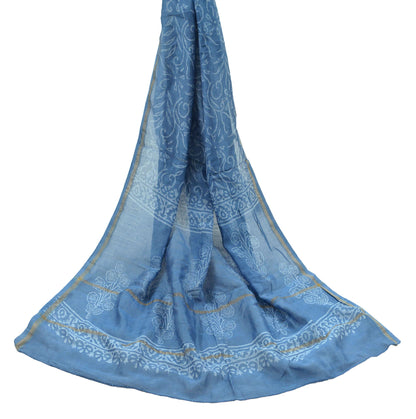 Indian Vintage Dupatta Blue Dupatta Long Stole Block Print Pure Chanderi Silk Indian Scarves Veil Golden Zari