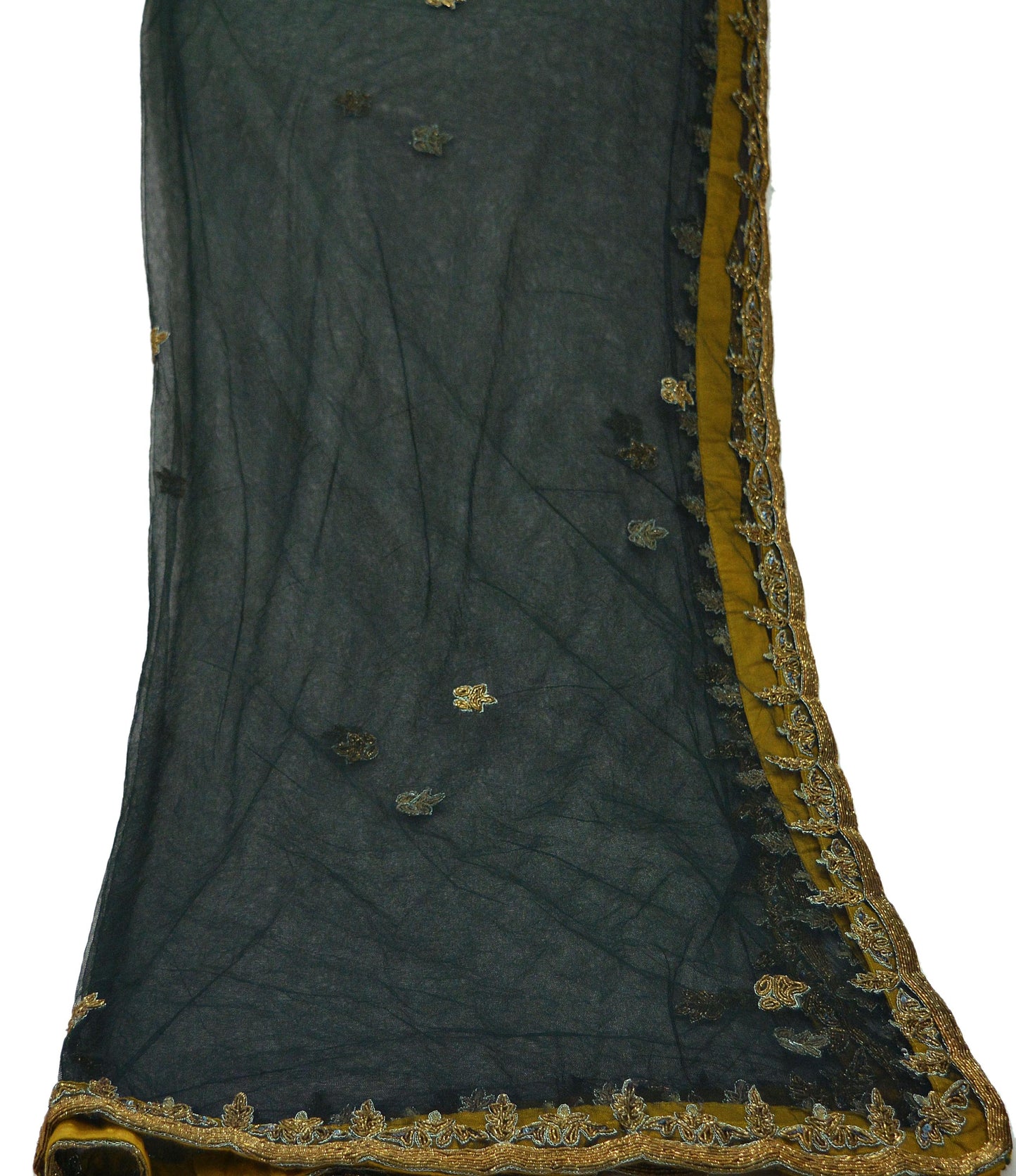 Indian Vintage Black Dupatta Net Mesh Long Stole Hand Embroidered Scarves Golden Zardozi Zari Sequins Hijab Veil wrap Boho