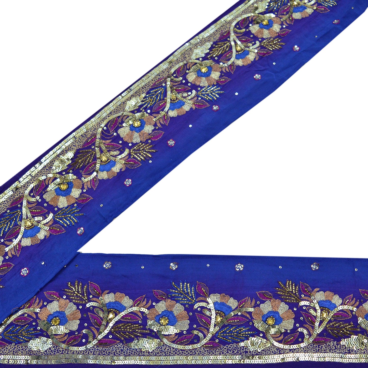 Indian Vintage Purple & Blue Sari Border Hand Embroidered Indian Craft Trim Lace Sewing Sari Ribbon Pure Crepe silk  Zardozi/Dabka Zari