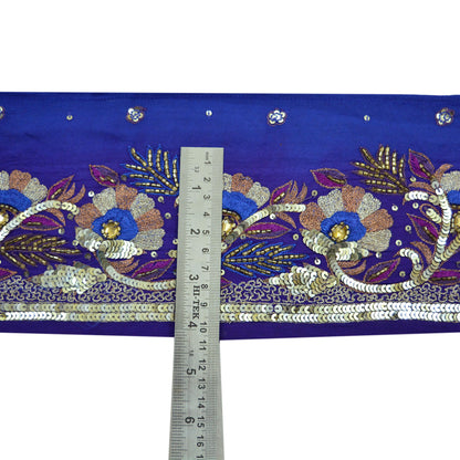 Indian Vintage Purple & Blue Sari Border Hand Embroidered Indian Craft Trim Lace Sewing Sari Ribbon Pure Crepe silk  Zardozi/Dabka Zari