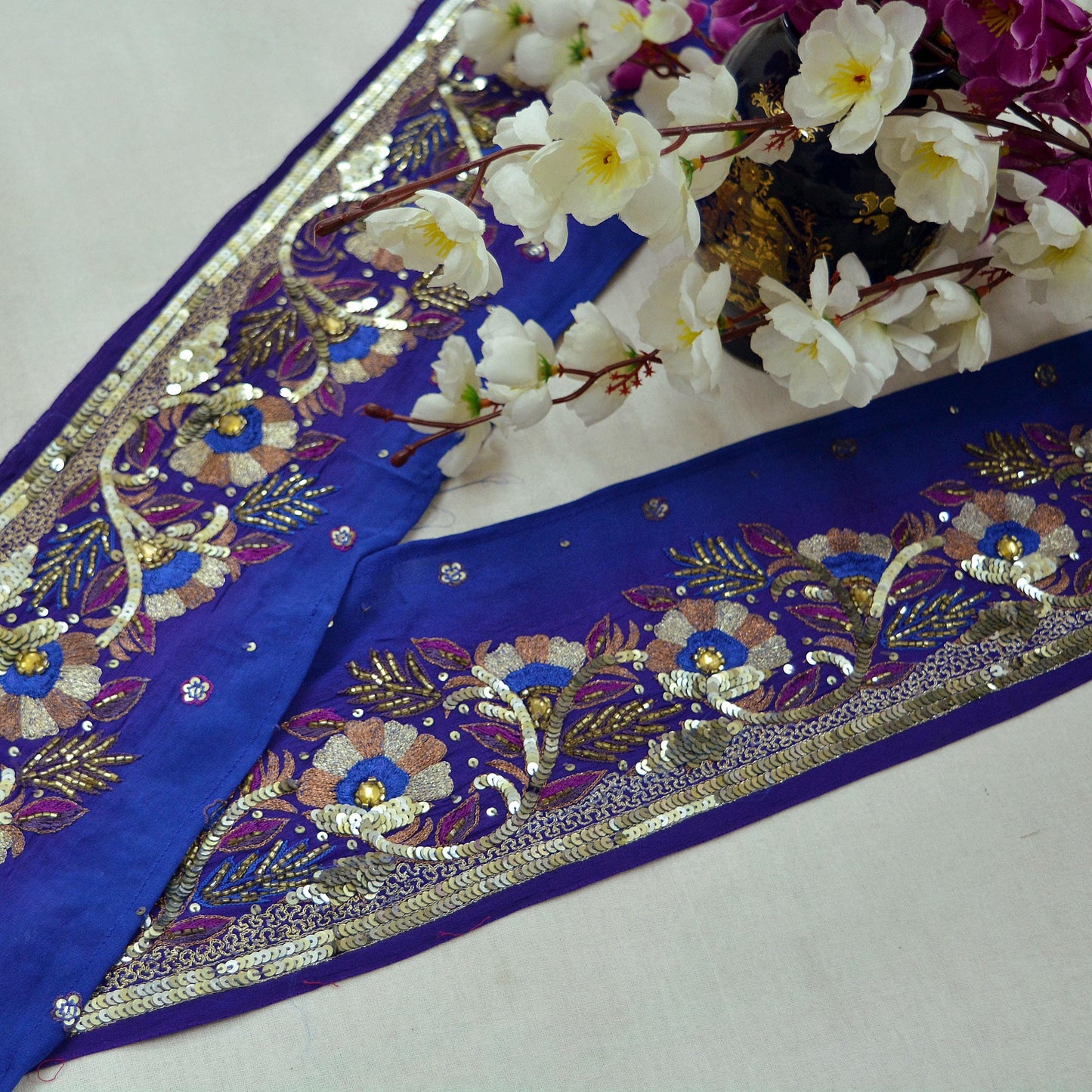 Indian Vintage Purple & Blue Sari Border Hand Embroidered Indian Craft Trim Lace Sewing Sari Ribbon Pure Crepe silk  Zardozi/Dabka Zari