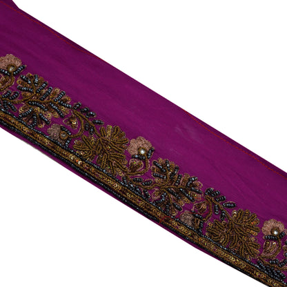 Indian Vintage Purple Sari Border Hand Embroidered Craft Trim Lace Sewing Sari Ribbon Pure Crepe silk  Zardozi/Dabka Zari