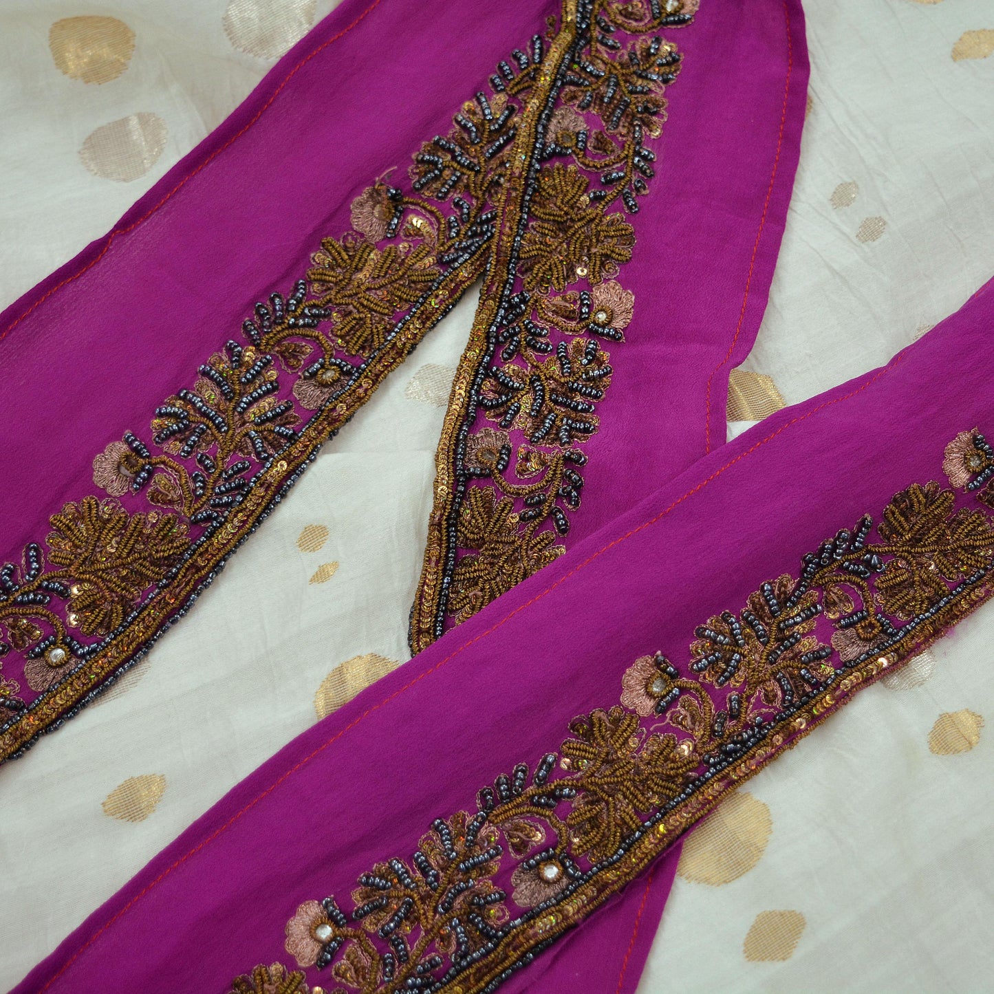 Indian Vintage Purple Sari Border Hand Embroidered Craft Trim Lace Sewing Sari Ribbon Pure Crepe silk  Zardozi/Dabka Zari