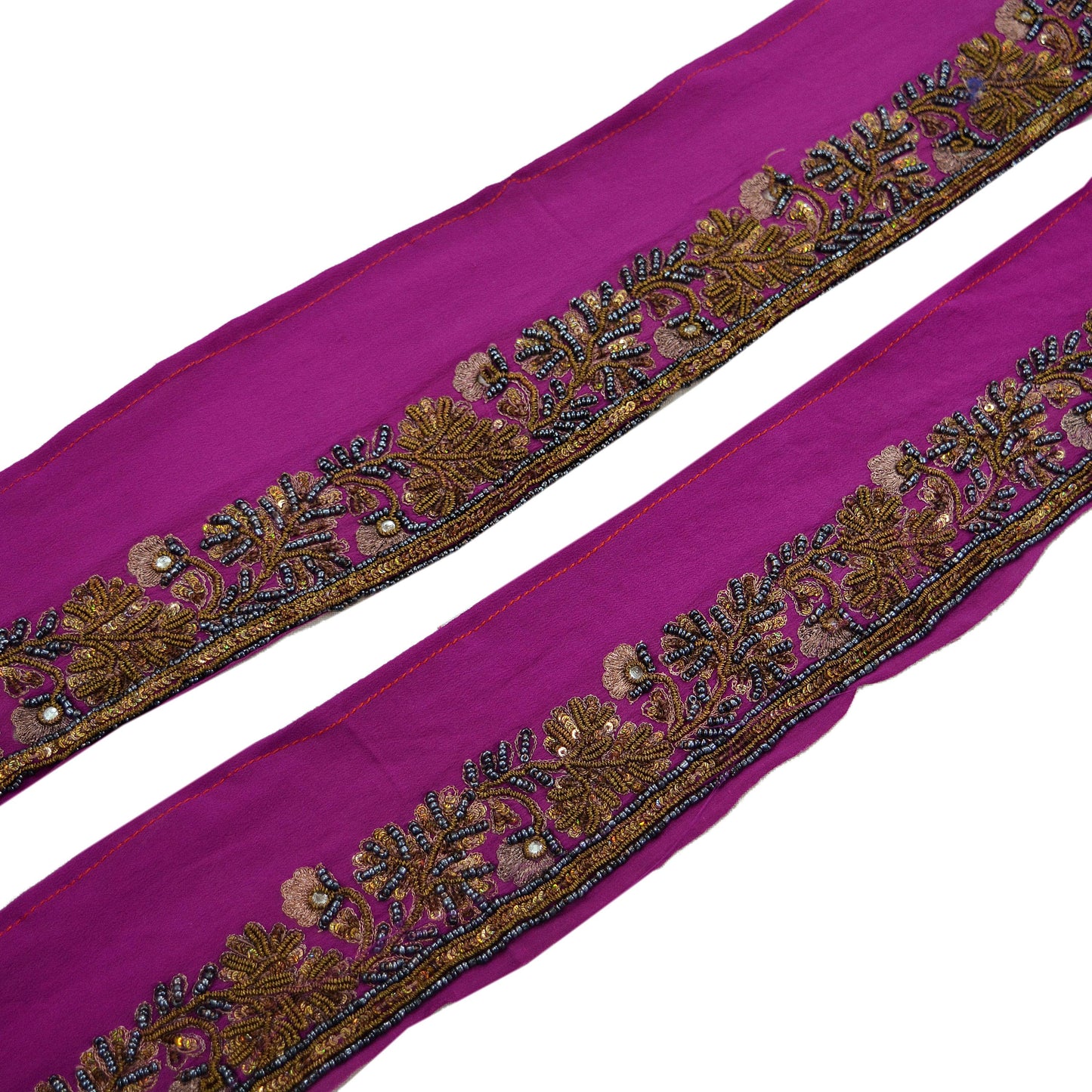 Indian Vintage Purple Sari Border Hand Embroidered Craft Trim Lace Sewing Sari Ribbon Pure Crepe silk  Zardozi/Dabka Zari