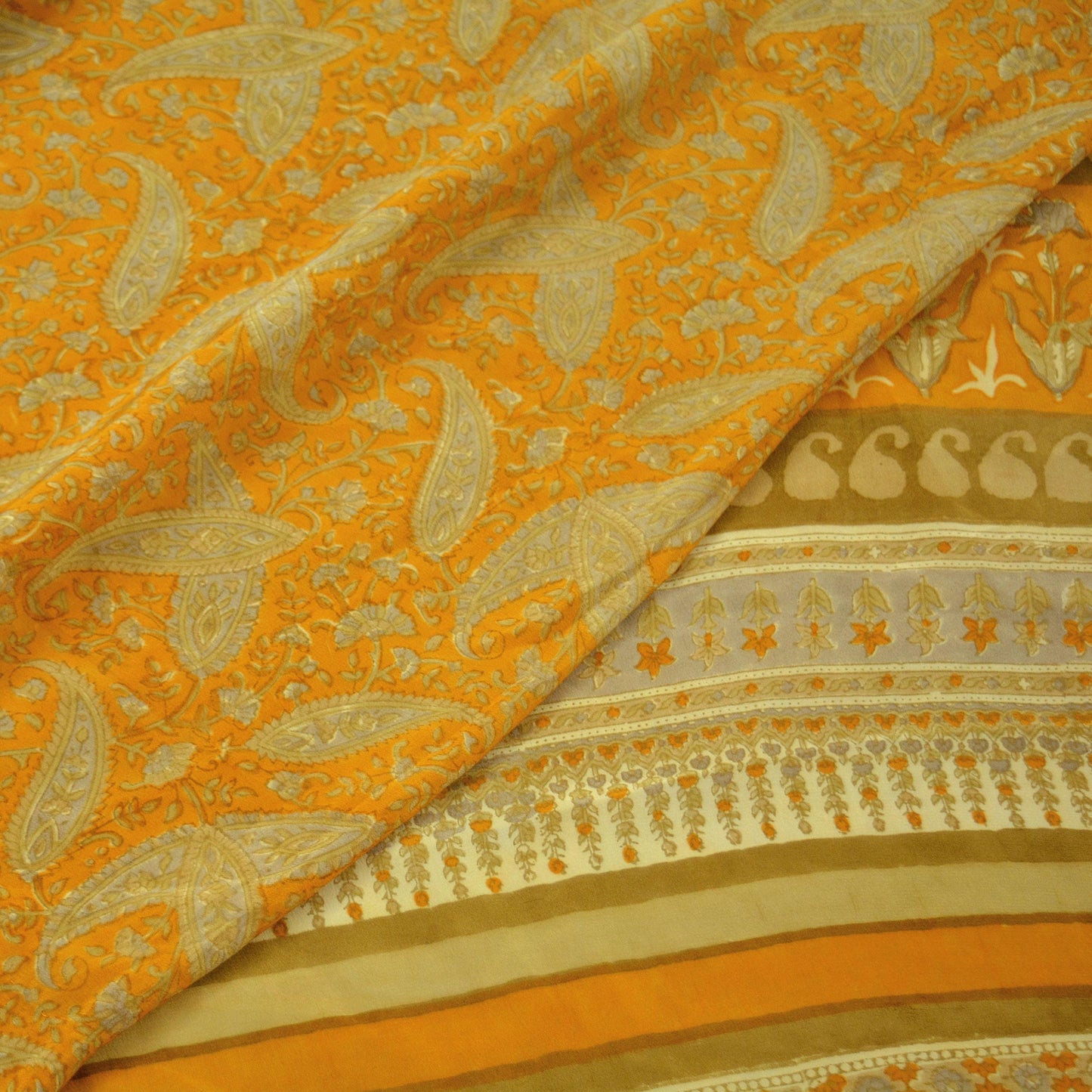 Indian Vintage Sari Mustard Pure Crepe Silk Printed Saree 5yd Sewing Floral Soft Craft Fabric Wrap Dress making Crafting Quilting Designing