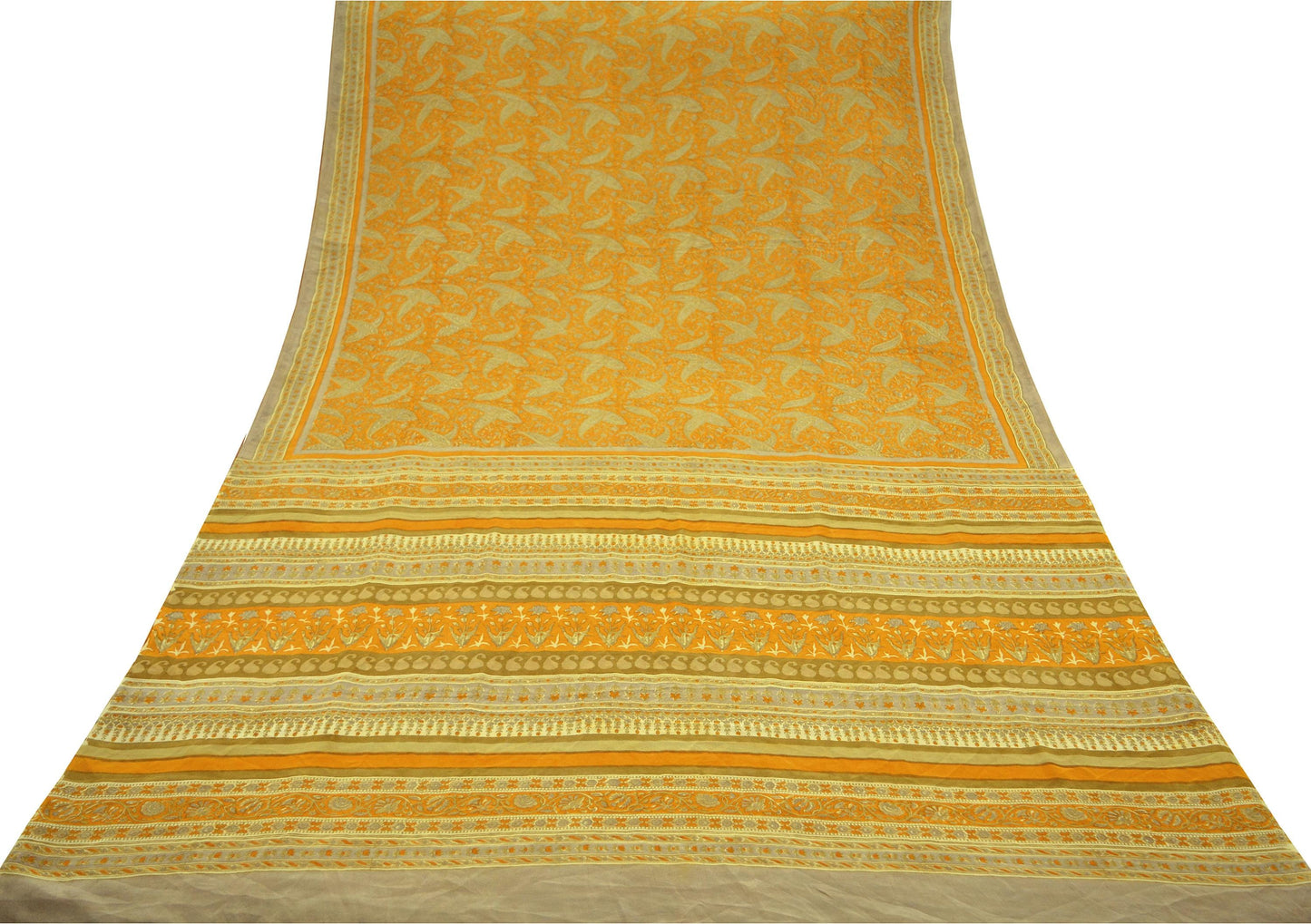 Indian Vintage Sari Mustard Pure Crepe Silk Printed Saree 5yd Sewing Floral Soft Craft Fabric Wrap Dress making Crafting Quilting Designing