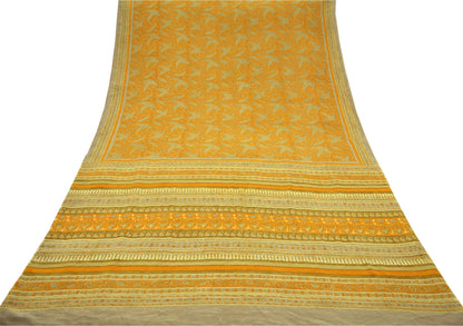 Indian Vintage Sari Mustard Pure Crepe Silk Printed Saree 5yd Sewing Floral Soft Craft Fabric Wrap Dress making Crafting Quilting Designing