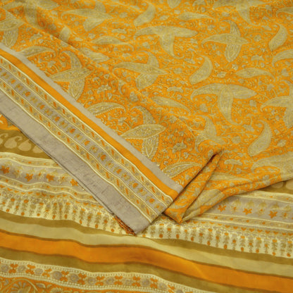 Indian Vintage Sari Mustard Pure Crepe Silk Printed Saree 5yd Sewing Floral Soft Craft Fabric Wrap Dress making Crafting Quilting Designing