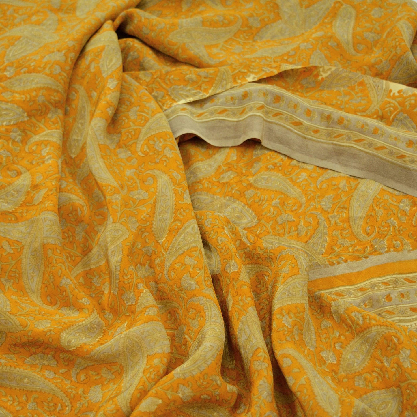 Indian Vintage Sari Mustard Pure Crepe Silk Printed Saree 5yd Sewing Floral Soft Craft Fabric Wrap Dress making Crafting Quilting Designing