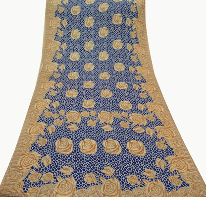 Indian Vintage Sari Blue & Beige Printed 100% Pure Cotton Sarees Craft Fabric 5Yd Sewing Soft Sarong Wrap Floral Dress Making Shrug Quilting