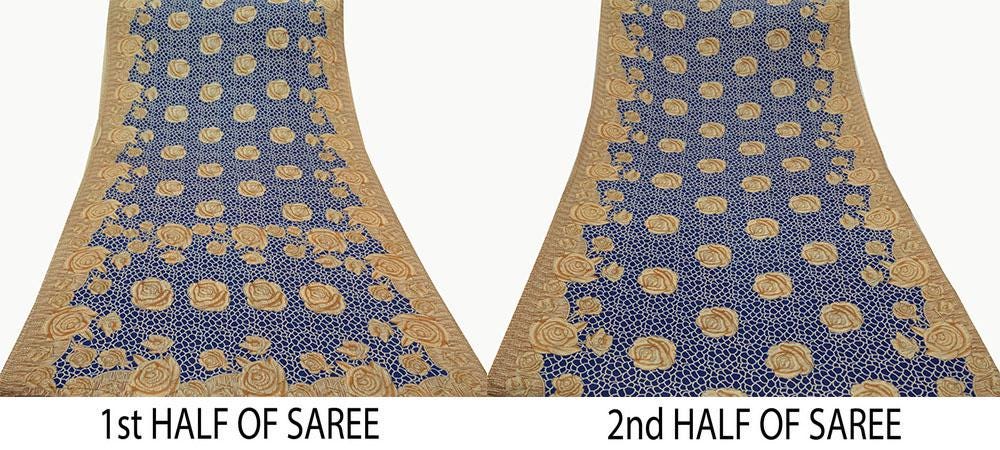 Indian Vintage Sari Blue & Beige Printed 100% Pure Cotton Sarees Craft Fabric 5Yd Sewing Soft Sarong Wrap Floral Dress Making Shrug Quilting