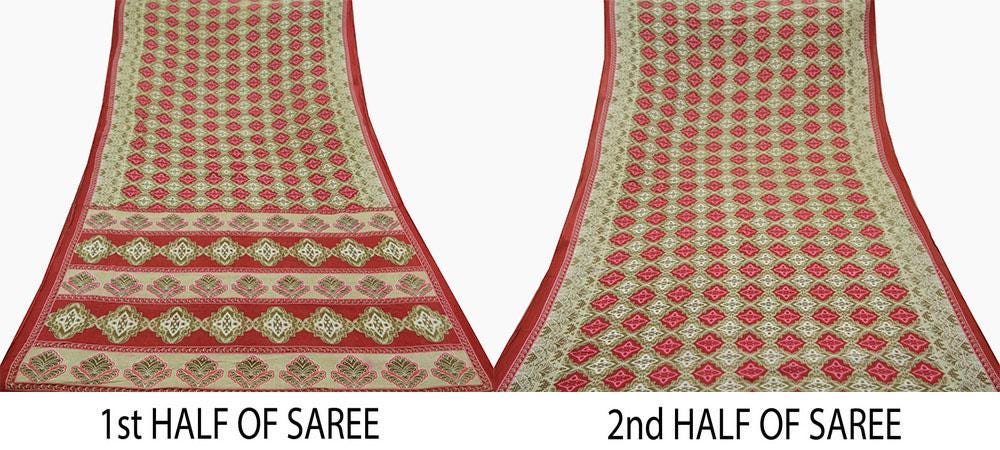 Indian Vintage Sari Green & Red Printed Pure Cotton Saree Craft Fabric 5Yd Sewing Sarong Wrap Boho Floral Crafting Upcycle Quilting Used