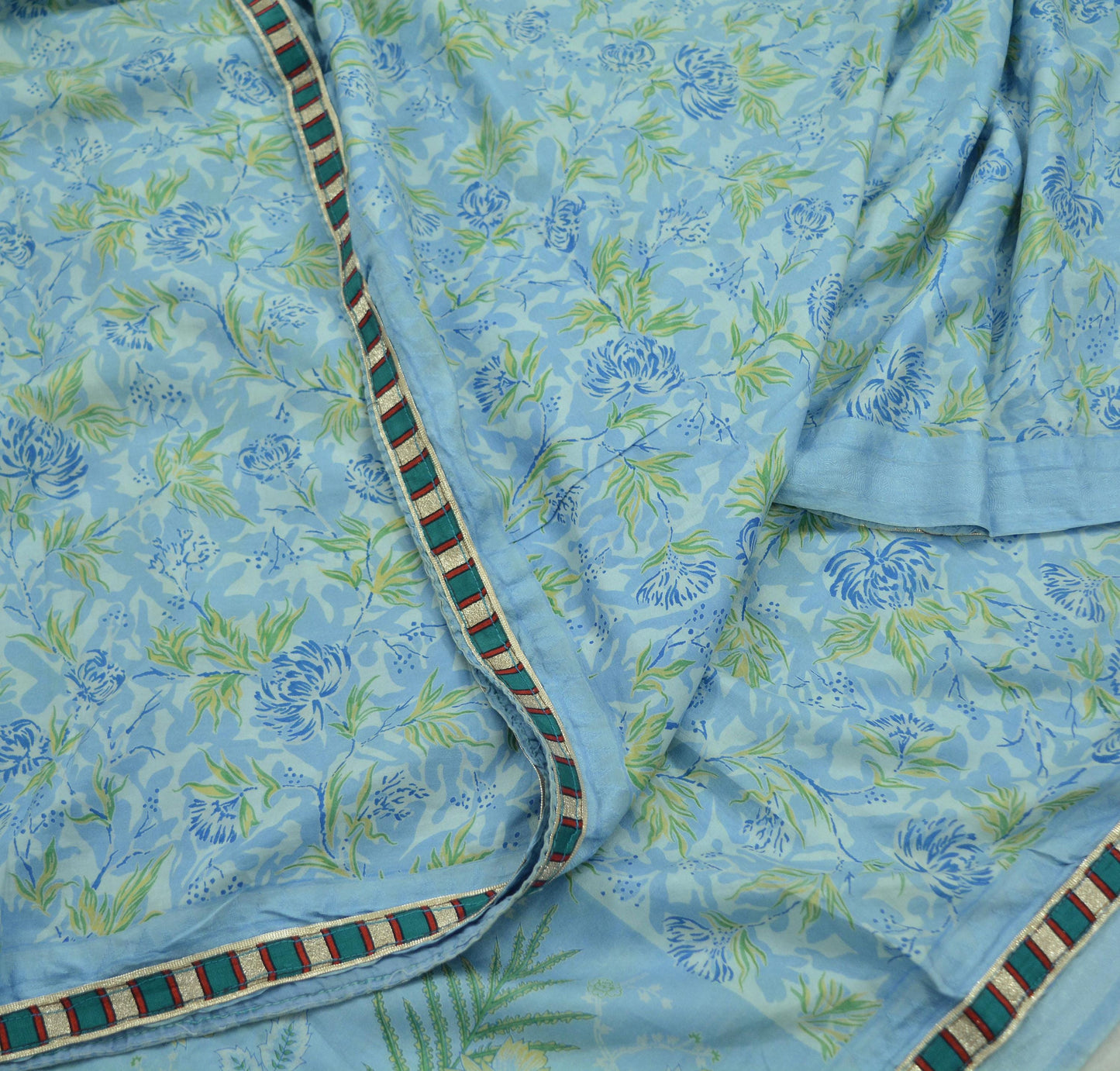 Indian Vintage Sari Blue 100% Pure Silk Printed Sarees 5yd Sewing Craft Fabric Dress Making Floral Wrap used Quilting Crafting Upcycle