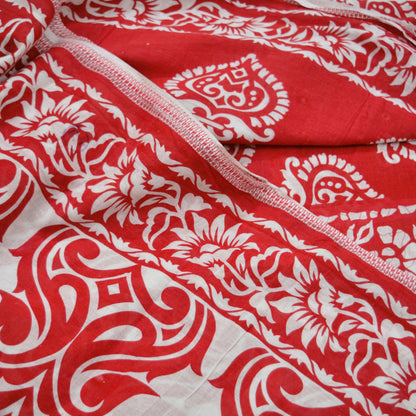 Indian Vintage Sari Red & White Printed 100% Pure Cotton Saree Craft Fabric 5Yard Sewing Sarong Wrap Boho Floral