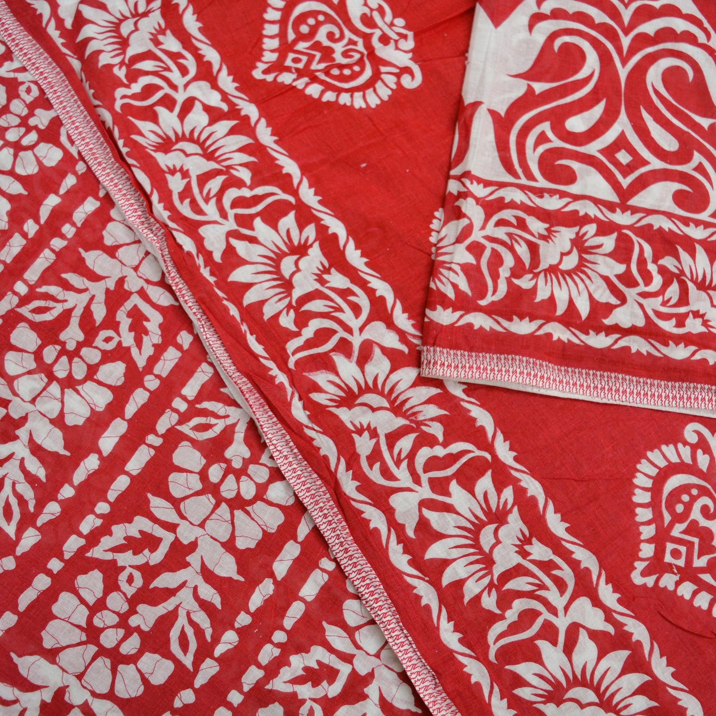 Indian Vintage Sari Red & White Printed 100% Pure Cotton Saree Craft Fabric 5Yard Sewing Sarong Wrap Boho Floral