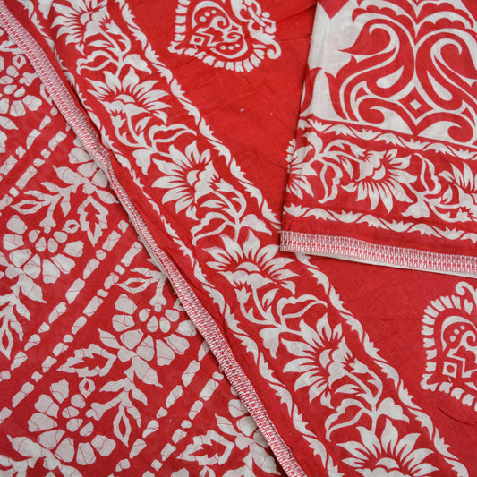 Indian Vintage Sari Red & White Printed 100% Pure Cotton Saree Craft Fabric 5Yard Sewing Sarong Wrap Boho Floral