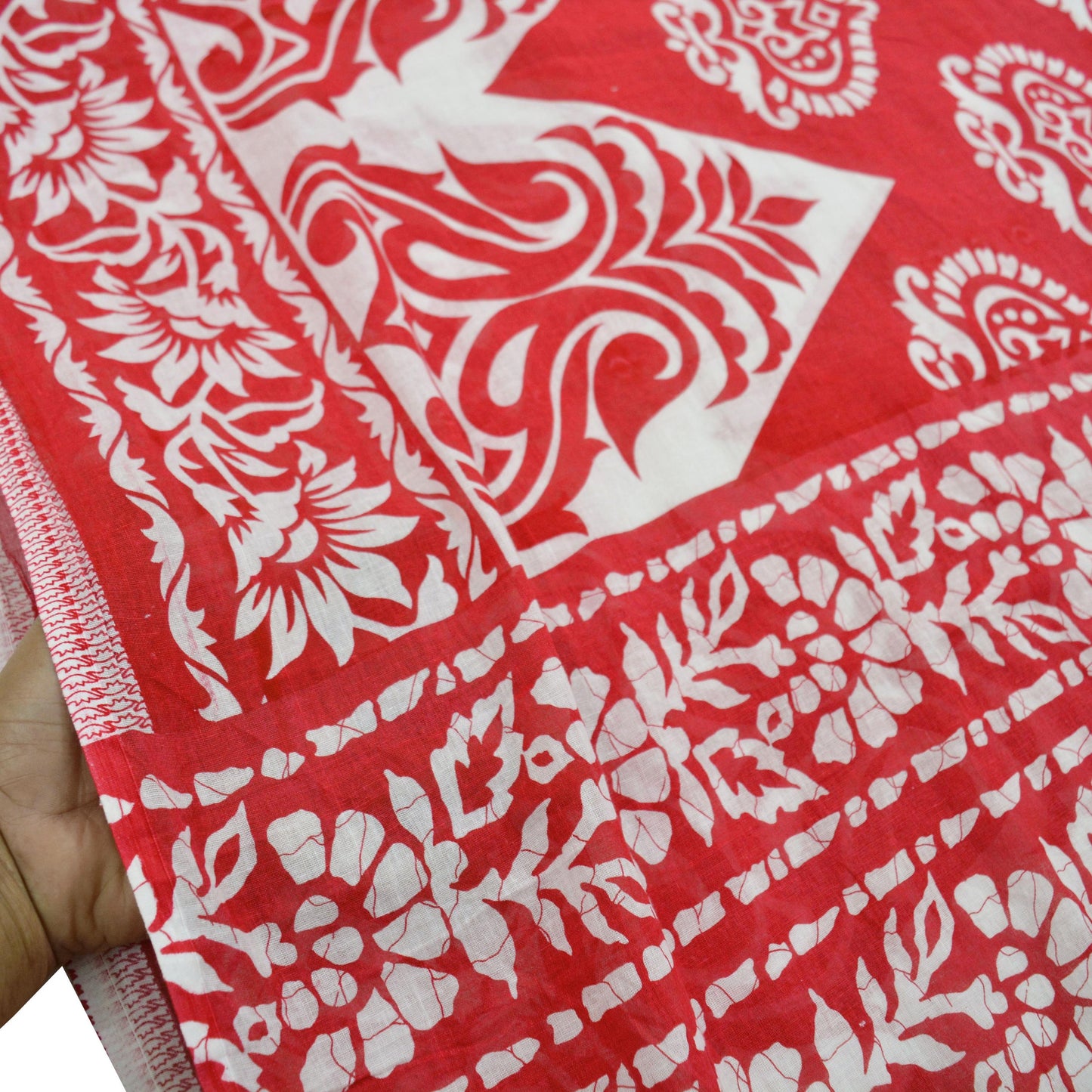 Indian Vintage Sari Red & White Printed 100% Pure Cotton Saree Craft Fabric 5Yard Sewing Sarong Wrap Boho Floral