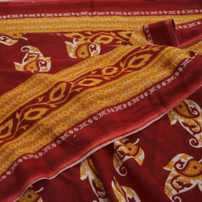 Indian Vintage Red Saree Printed Pure Cotton Indian Sari Craft Fabric Soft 5Yd Sewing Sarong Wrap Boho Floral Quilting Crafting Upcycle