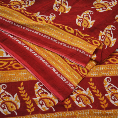 Indian Vintage Red Saree Printed Pure Cotton Indian Sari Craft Fabric Soft 5Yd Sewing Sarong Wrap Boho Floral Quilting Crafting Upcycle