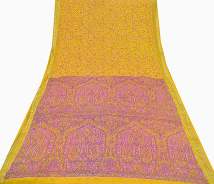 Indian Vintage Sari Saffron 100% Pure Silk Printed Saree 5yd Sewing Craft Fabric Dress Making Soft Wrap Floral Paisley Crafting Quilting