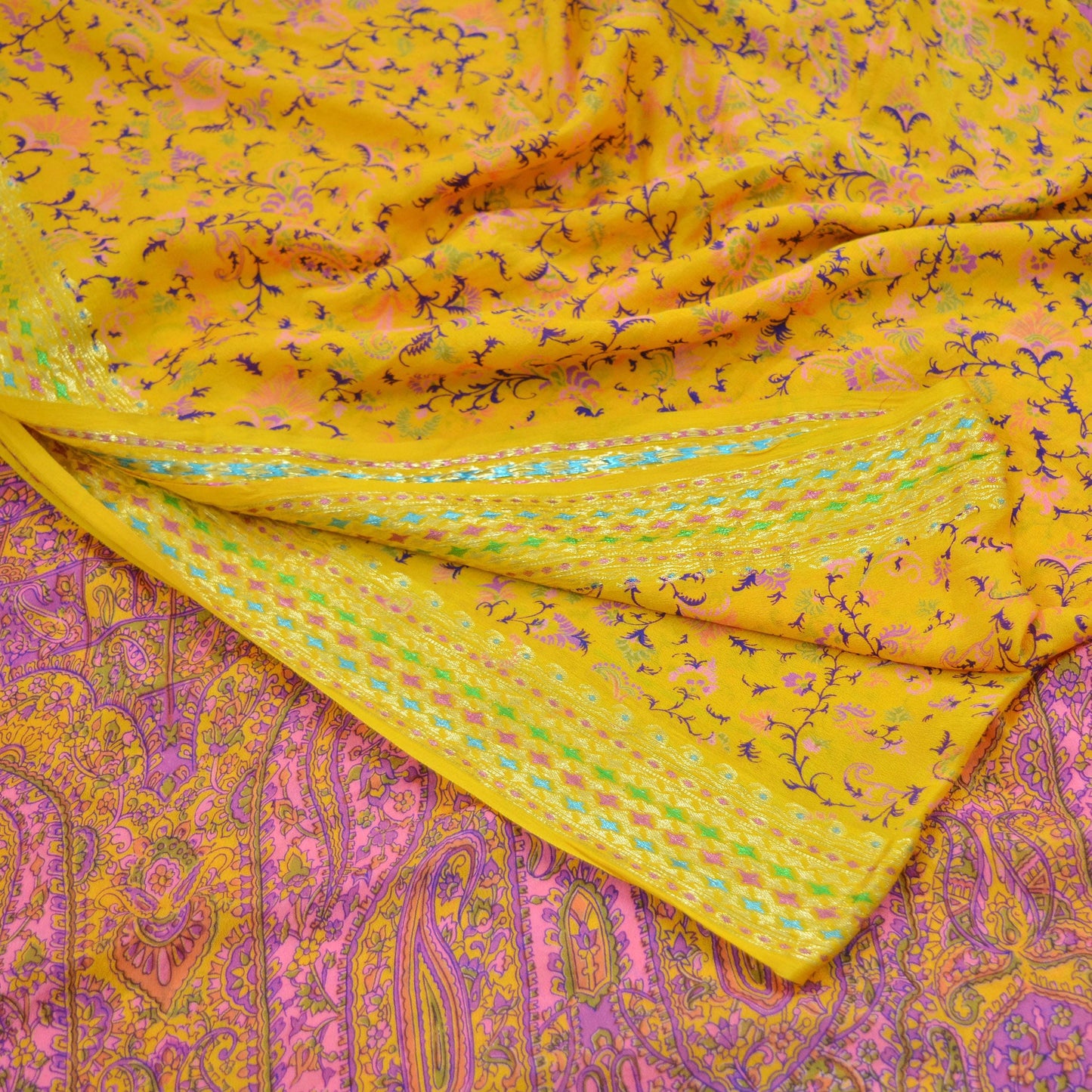 Indian Vintage Sari Saffron 100% Pure Silk Printed Saree 5yd Sewing Craft Fabric Dress Making Soft Wrap Floral Paisley Crafting Quilting