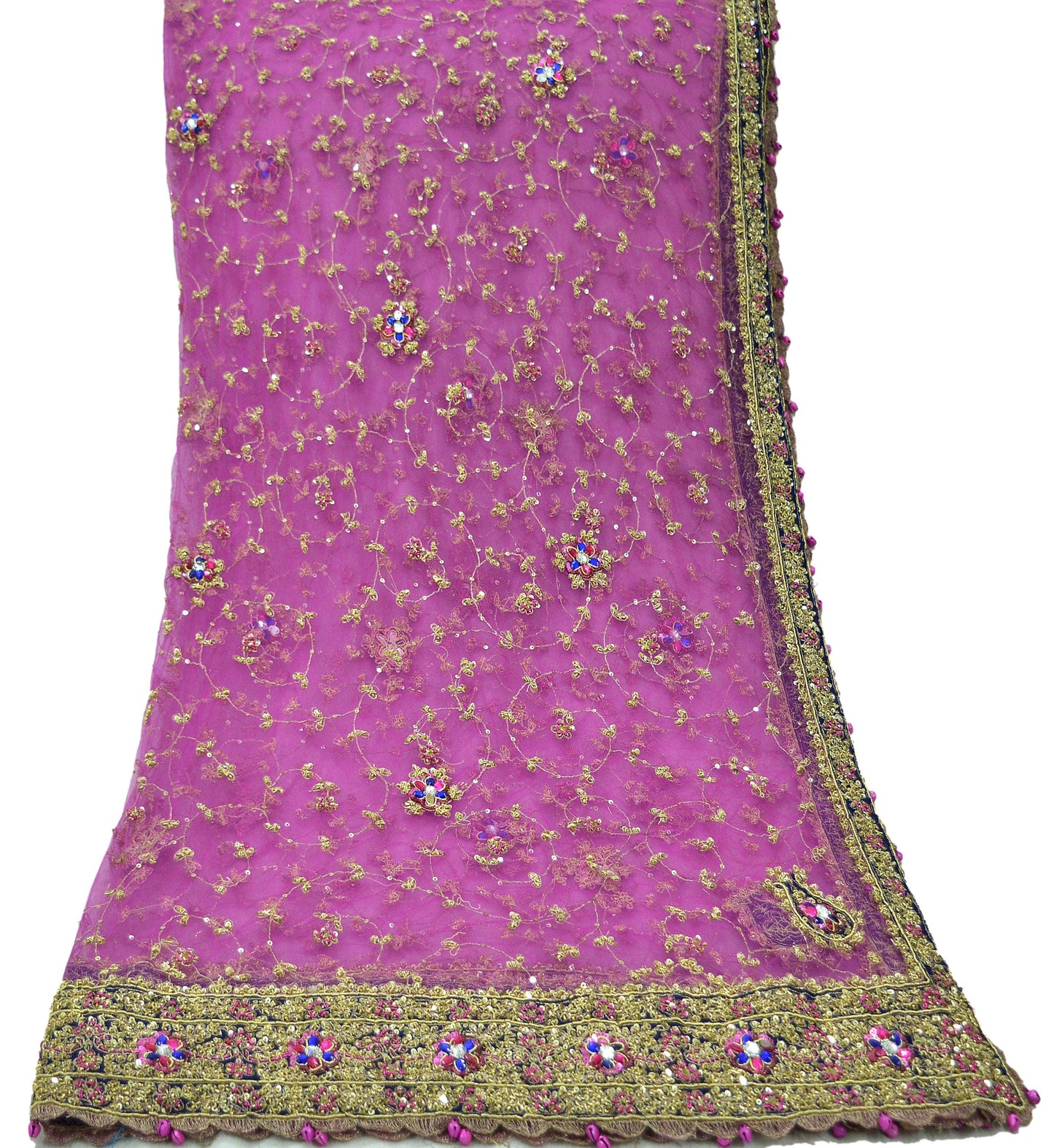 Indian Vintage Heavy Bridal Dupatta Purple Net Mesh Long Stole Hand Embroidered Scarves Golden Zardozi Dabka Zari Wedding Veil Hijab